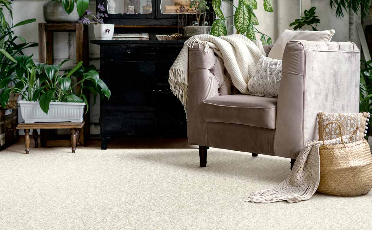 beige carpet in a sitting area with a velvet accent chair
